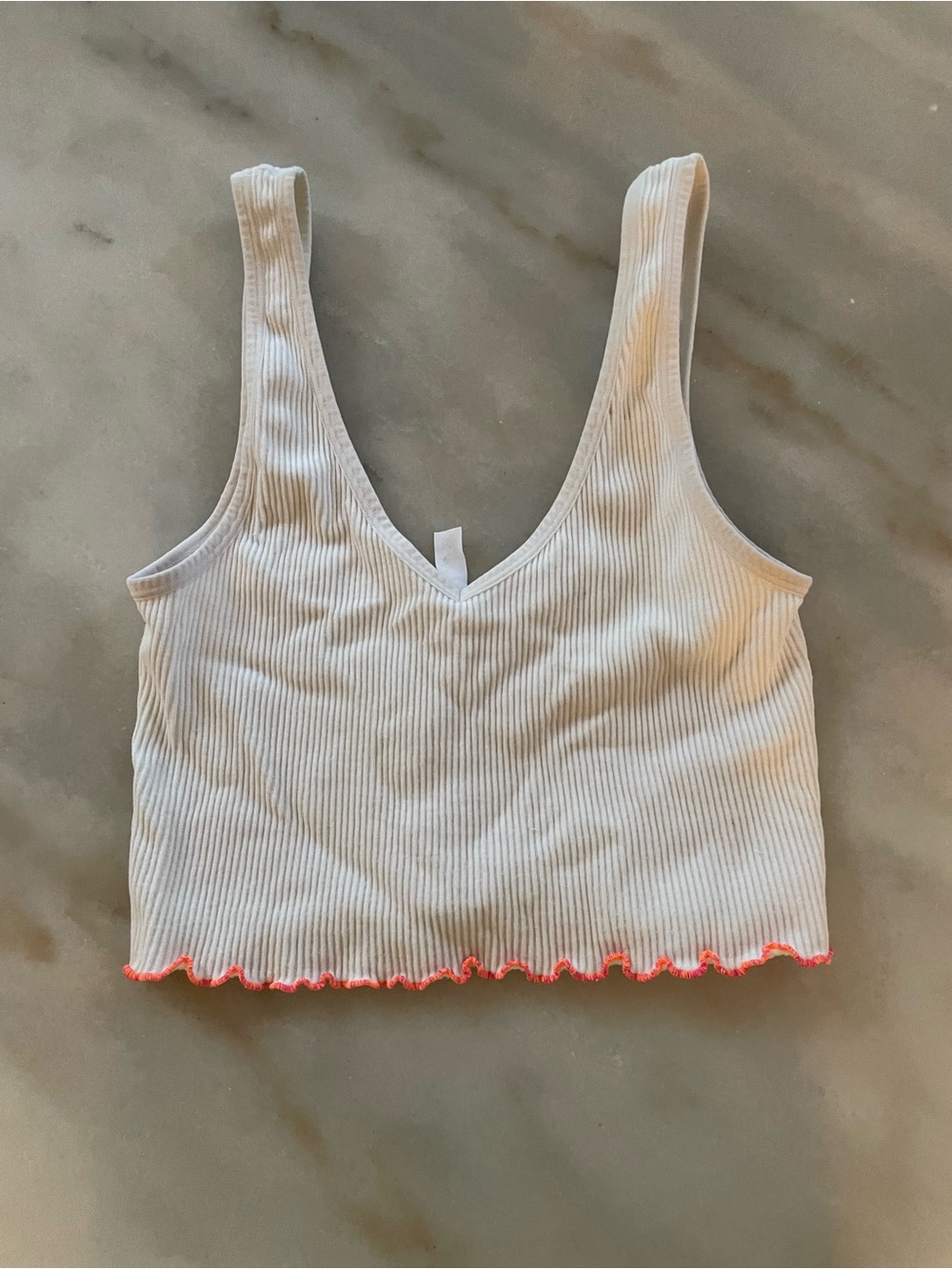 Colsie White Ribbed V-Neck Cropped Tank with Neon Pink Lettuce Hem